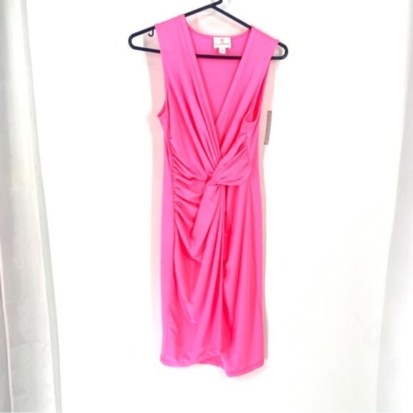 Julie Brown NYC Barbiecore Hot Pink Sleeveless FAux Wrap Dress - Picture 1 of 11